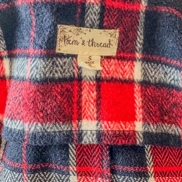 Hem & Thread Red & Navy Plaid Flannel Trench Style Coat Jacket, Women's Small - Picture 9 of 10